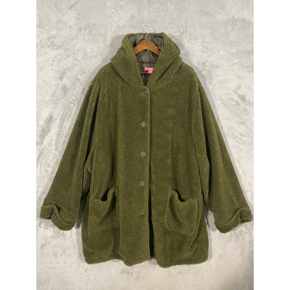Woman Within Coat 5X Olive Green Teddy Sherpa Fleece Hooded Soft Cozy Jacket